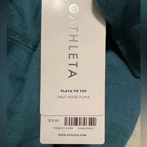 Athleta Short Sleeve Wrap Tie Boho Pocket Collar Linen Blue NWT Crop Top - Picture 5 of 6